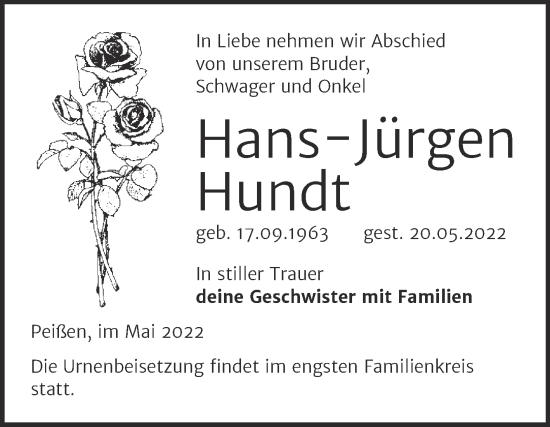 Traueranzeige von Hans-Jürgen Hundt von Trauerkombi Bernburg