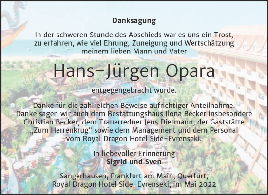 Traueranzeige von Hans-Jürgen Opara von Trauerkombi Sangerhausen