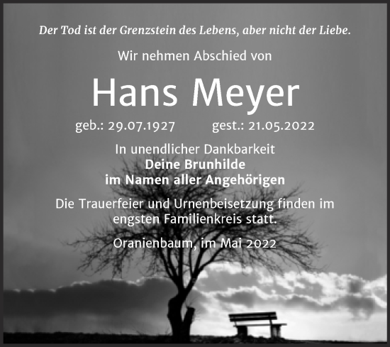 Traueranzeige von Hans Meyer von Trauerkombi Wittenberg