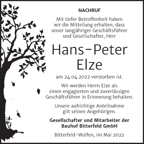 Traueranzeige von Hans-Peter Elze von Wochenspiegel Bitterfeld