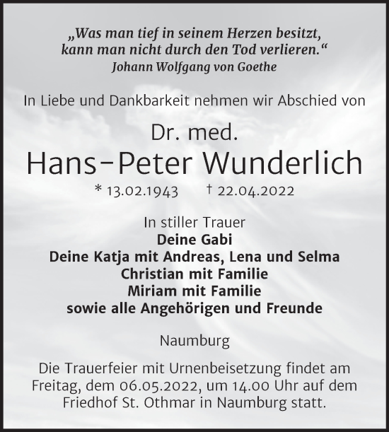 Traueranzeige von Hans-Peter Wunderlich von Wochenspiegel Naumburg/Nebra