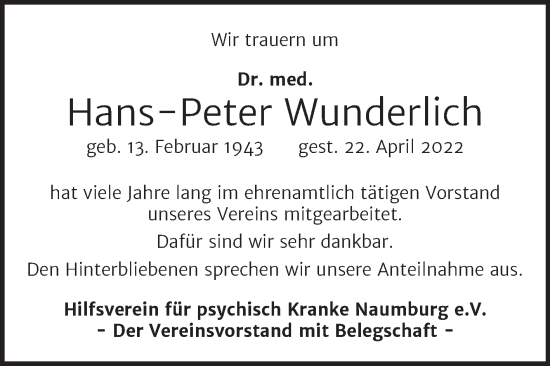 Traueranzeige von Hans-Peter Wunderlich von Naumburger Tageblatt