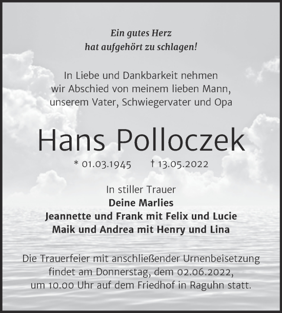 Traueranzeige von Hans Polloczek von Trauerkombi Bitterfeld