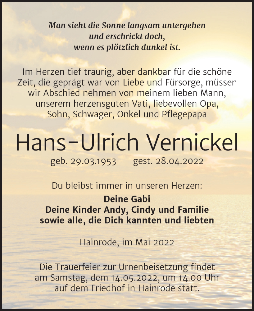  Traueranzeige für Hans-Ulrich Vernickel vom 07.05.2022 aus Trauerkombi Sangerhausen