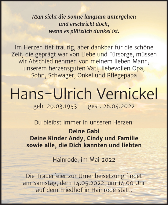 Traueranzeige von Hans-Ulrich Vernickel von Trauerkombi Sangerhausen