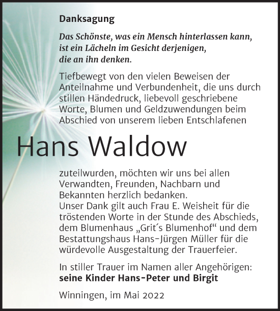 Traueranzeige von Hans Waldow von Trauerkombi Aschersleben