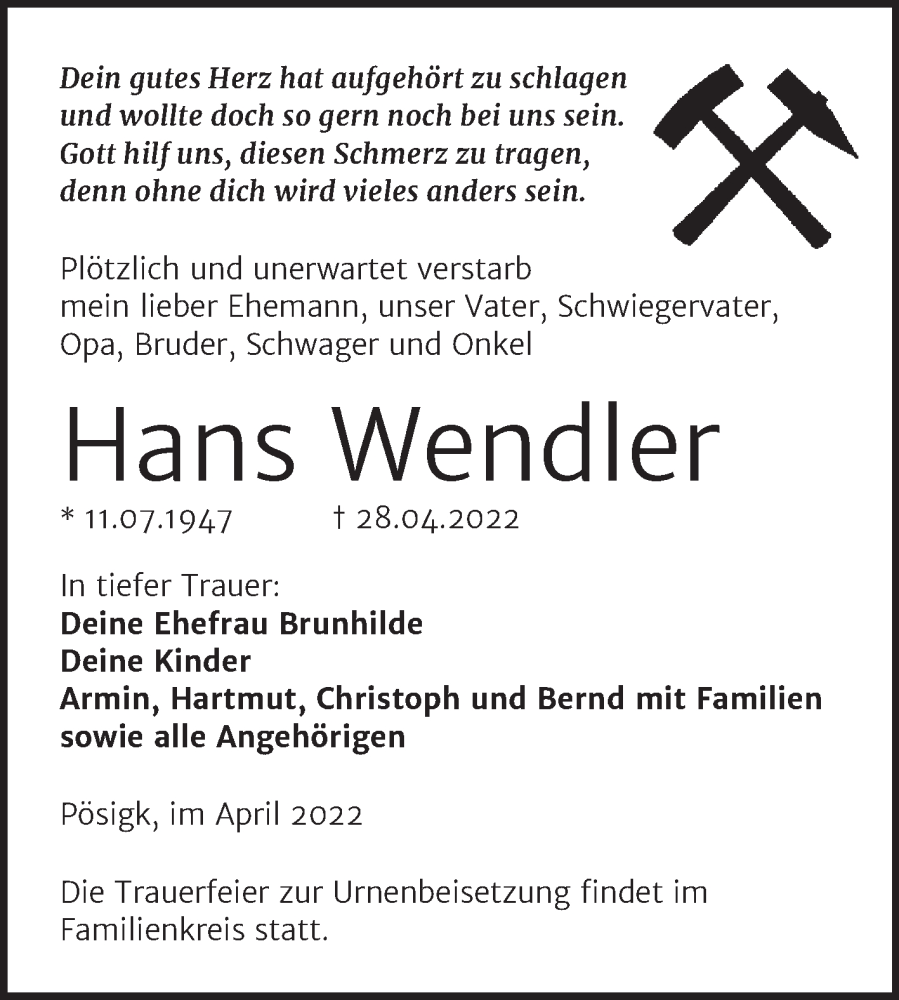  Traueranzeige für Hans Wendler vom 07.05.2022 aus Trauerkombi Köthen