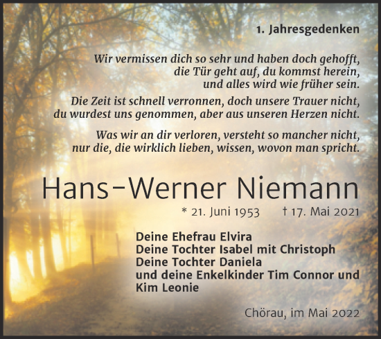 Traueranzeige von Hans-Werner Niemann von Trauerkombi Köthen