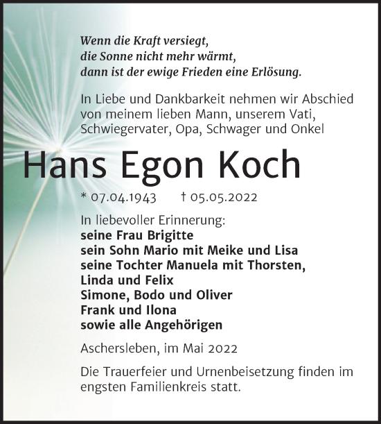 Traueranzeige von Hans Egon Koch von Trauerkombi Aschersleben