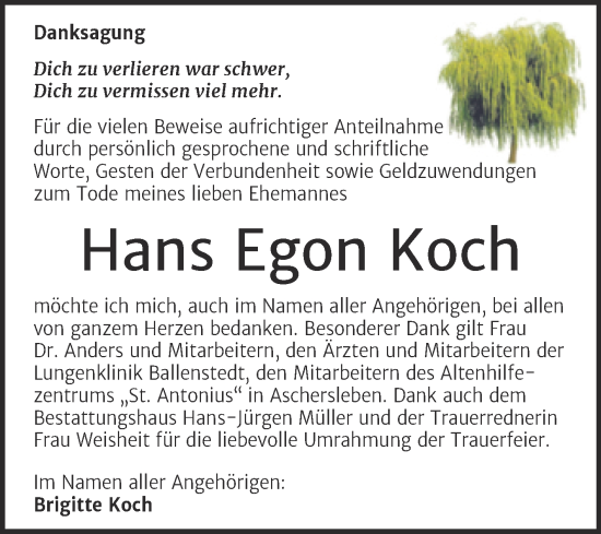 Traueranzeige von Hans Egon Koch von Trauerkombi Aschersleben