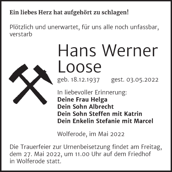 Traueranzeige von Hans Werner Loose von Trauerkombi Mansfelder Land