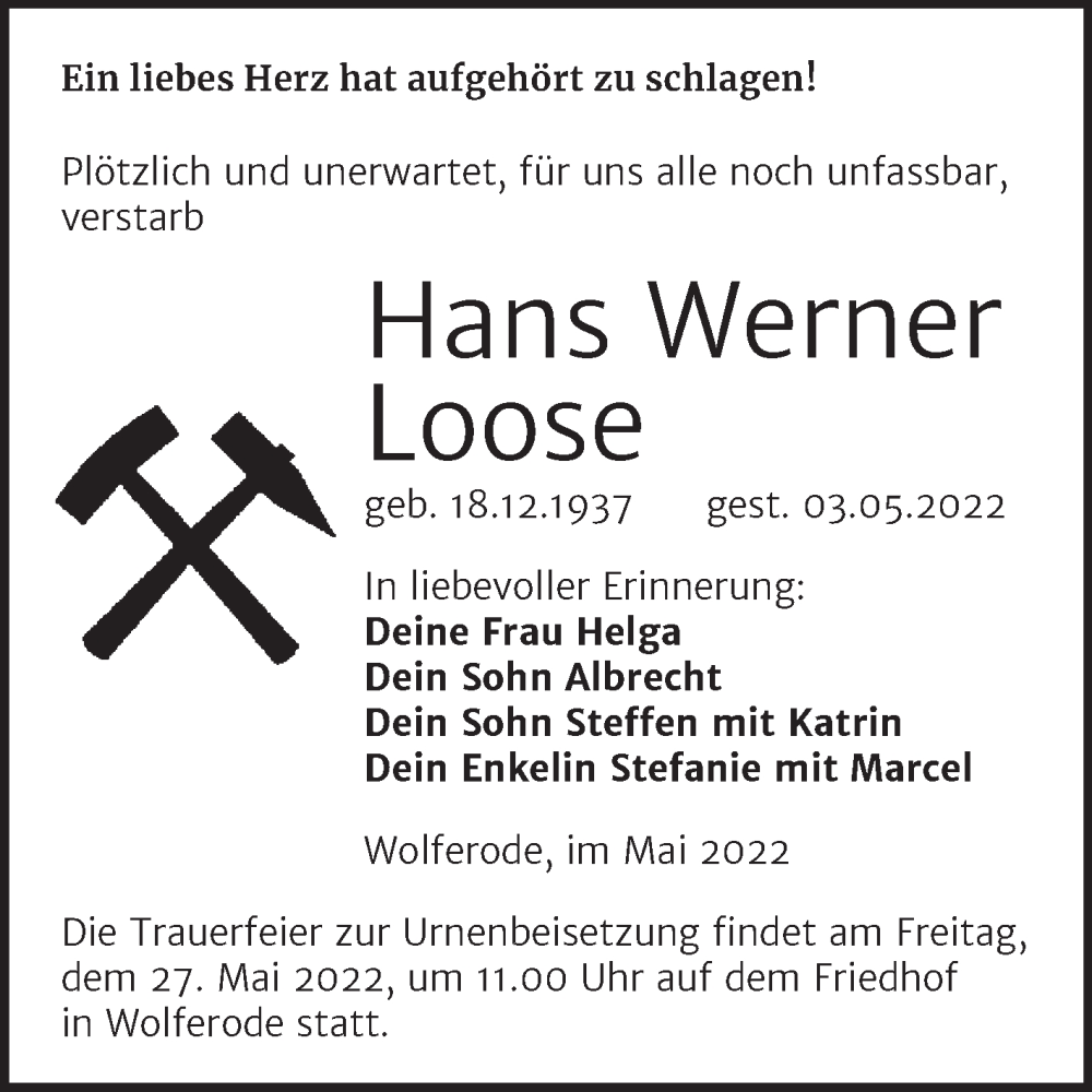  Traueranzeige für Hans Werner Loose vom 21.05.2022 aus Trauerkombi Mansfelder Land