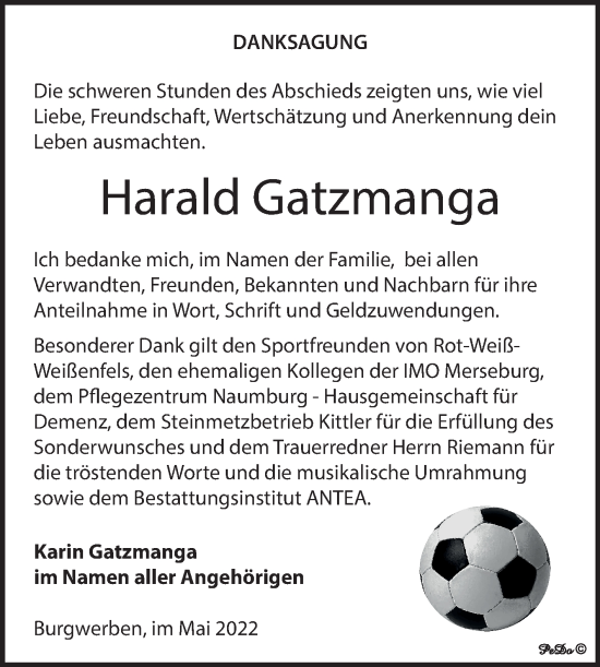 Traueranzeige von Harald Gatzmanga von Trauerkombi Weißenfels