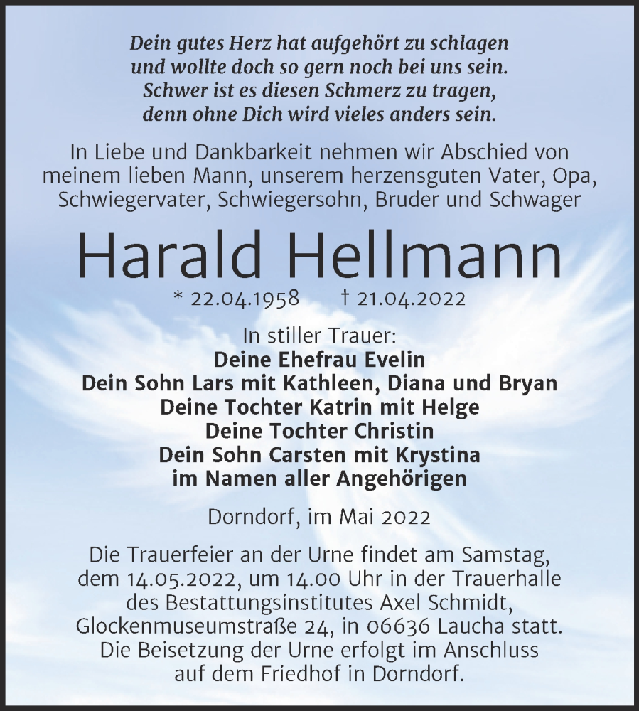  Traueranzeige für Harald Hellmann vom 04.05.2022 aus Wochenspiegel Naumburg/Nebra