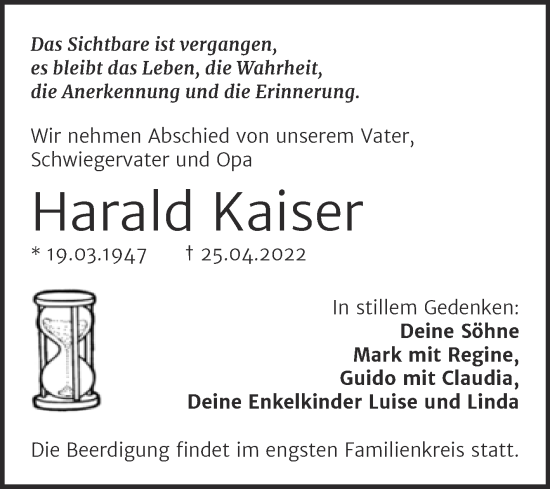 Traueranzeige von Harald Kaise von Trauerkombi Dessau