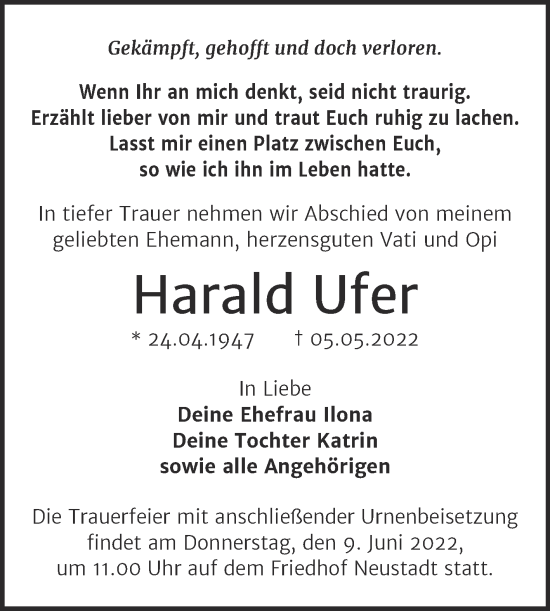 Traueranzeige von Harald Ufer von Mitteldeutsche Zeitung Halle/Saalkreis