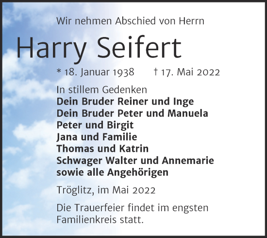 Traueranzeige von Harry Seifert von Trauerkombi Zeitz