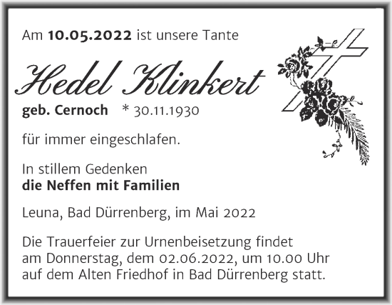 Traueranzeige von Hedel Klinkert von Trauerkombi Merseburg