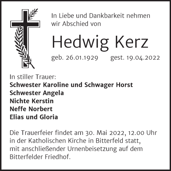 Traueranzeige von Hedwig Kerz von Trauerkombi Bitterfeld