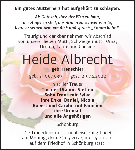 Traueranzeige von Heide Albrecht von Wochenspiegel Naumburg/Nebra