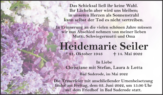 Traueranzeige von Heidemarie Seiler von Trauerkombi Quedlinburg