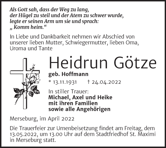 Traueranzeige von Heidrun Götze von Trauerkombi Merseburg