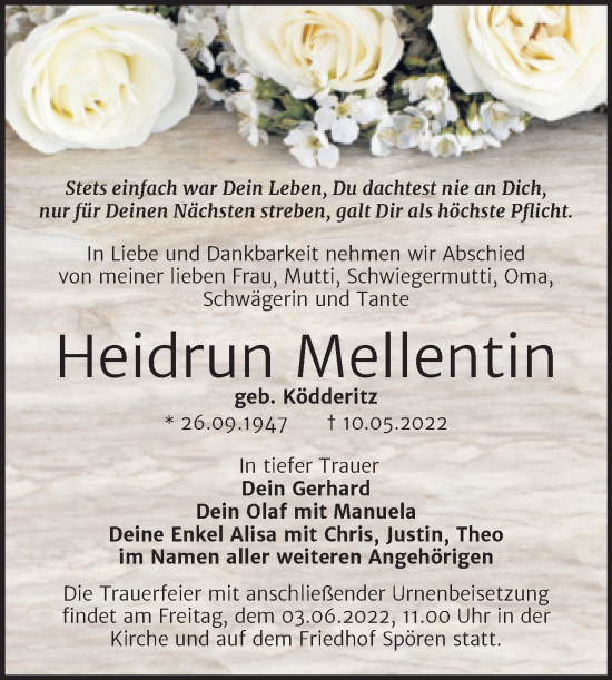 Traueranzeige von Heidrun Mellentin von Trauerkombi Bitterfeld