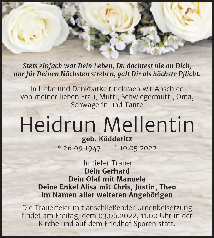  Traueranzeige für Heidrun Mellentin vom 21.05.2022 aus Trauerkombi Bitterfeld