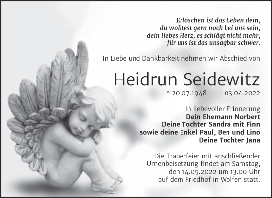 Traueranzeige von Heidrun Seidewitz von Trauerkombi Bitterfeld