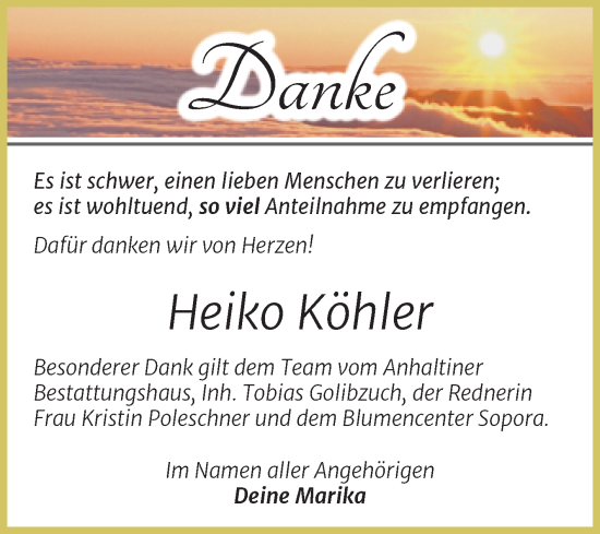 Traueranzeige von Heiko Köhler von Trauerkombi Dessau