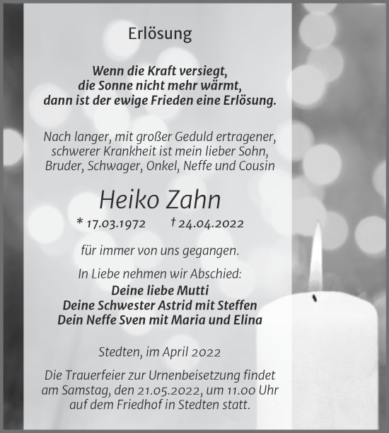 Traueranzeige von Heiko Zahn von Trauerkombi Mansfelder Land