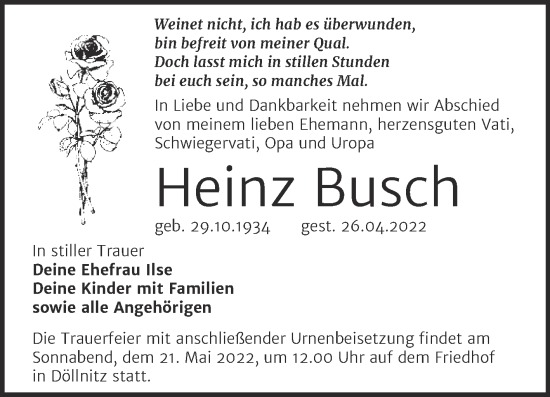 Traueranzeige von Heinz Busch von Trauerkombi Merseburg