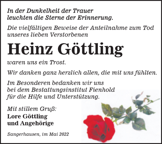Traueranzeige von Heinz Göttling von Mitteldeutsche Zeitung Sangerhausen