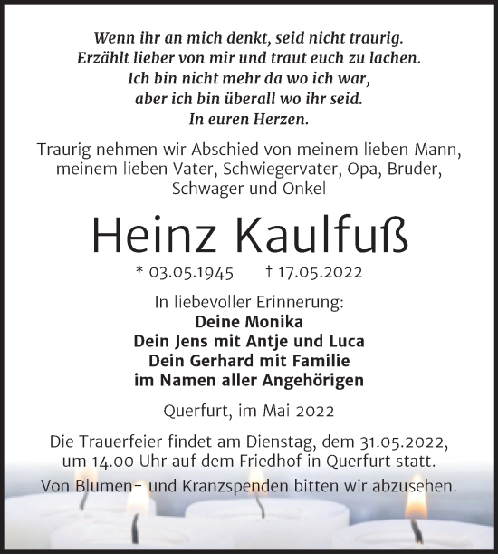 Traueranzeige von Heinz Kaulfuß von Mitteldeutsche Zeitung Merseburg/Querfurt