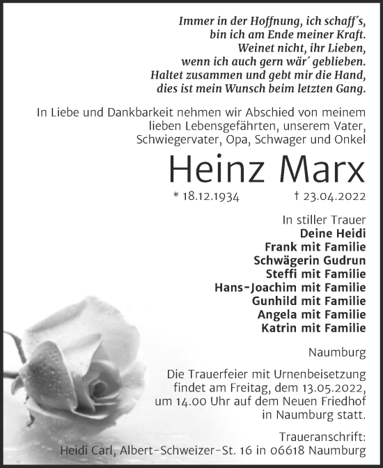 Traueranzeige von Heinz Marx von Wochenspiegel Naumburg/Nebra