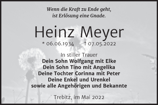 Traueranzeige von Heinz Meyer von Trauerkombi Wittenberg