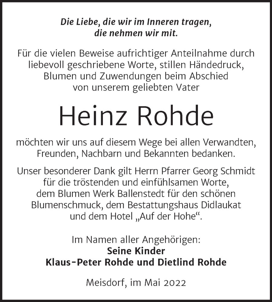  Traueranzeige für Heinz Rohde vom 21.05.2022 aus Trauerkombi Quedlinburg