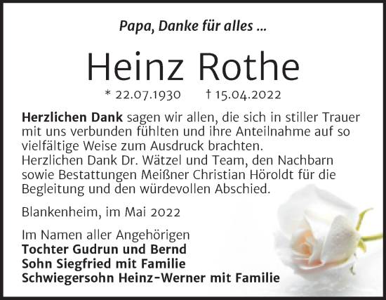 Traueranzeige von Heinz Rothe von Trauerkombi Sangerhausen