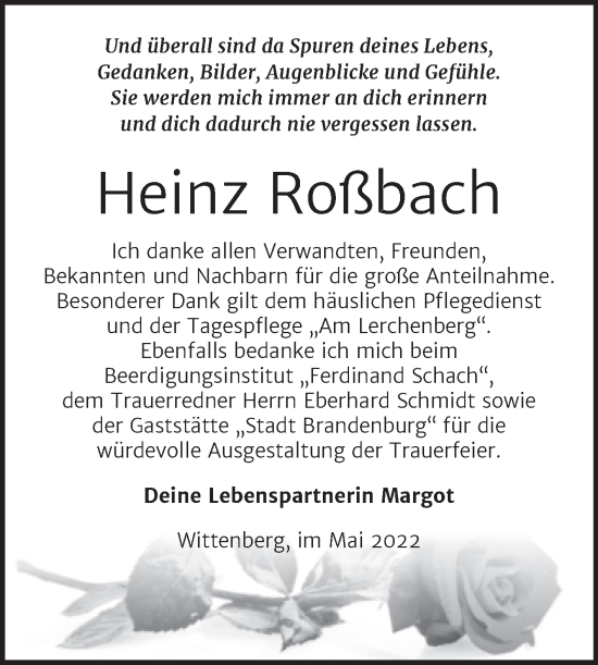 Traueranzeige von Heinz Roßbach von Trauerkombi Wittenberg