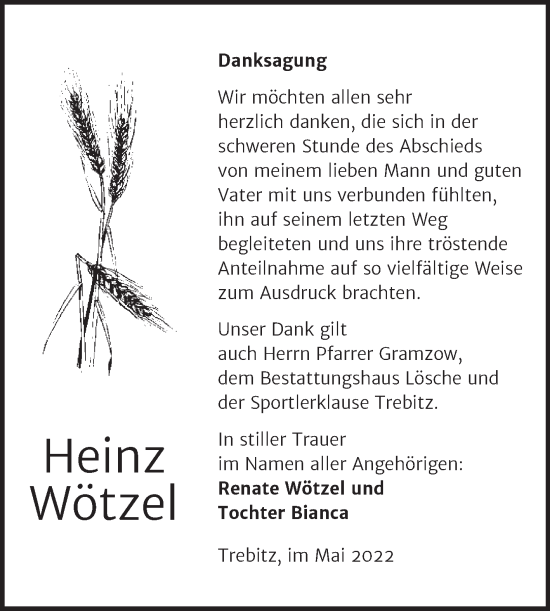 Traueranzeige von Heinz Wötzel von Trauerkombi Wittenberg