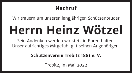 Traueranzeige von Heinz Wötzel von Super Sonntag Wittenberg