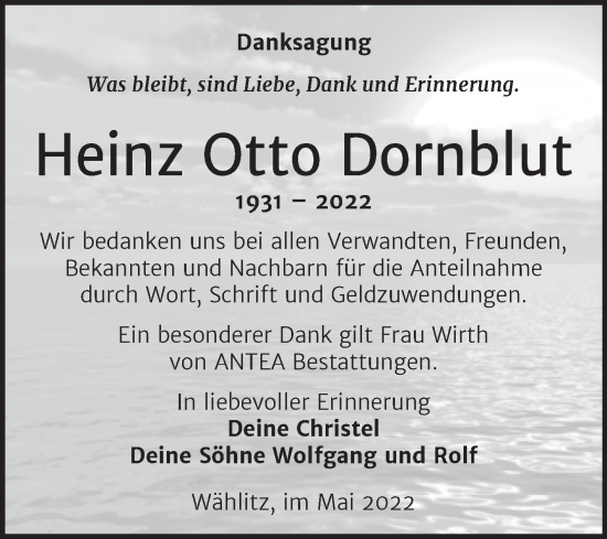 Traueranzeige von Heinz Otto Dornblut von Trauerkombi Weißenfels
