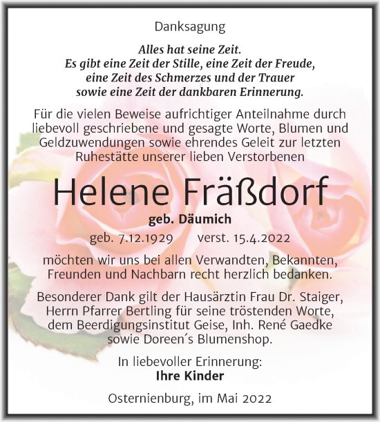 Traueranzeige von Helene Fräßdorf von Trauerkombi Köthen