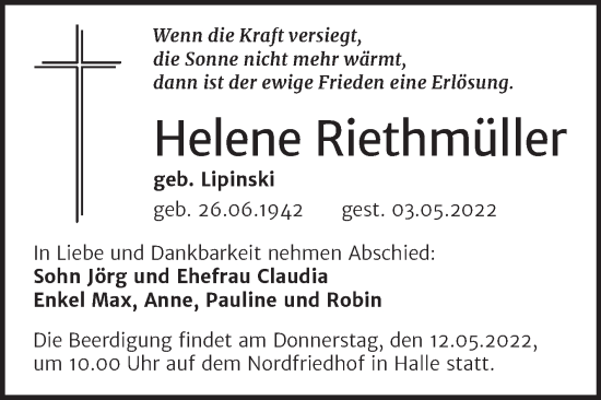Traueranzeige von Helene Riethmüller von Mitteldeutsche Zeitung Halle/Saalkreis