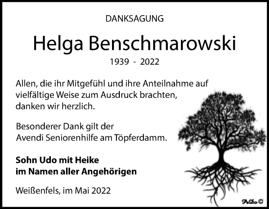 Traueranzeige von Helga Benschmarowski von Trauerkombi Weißenfels