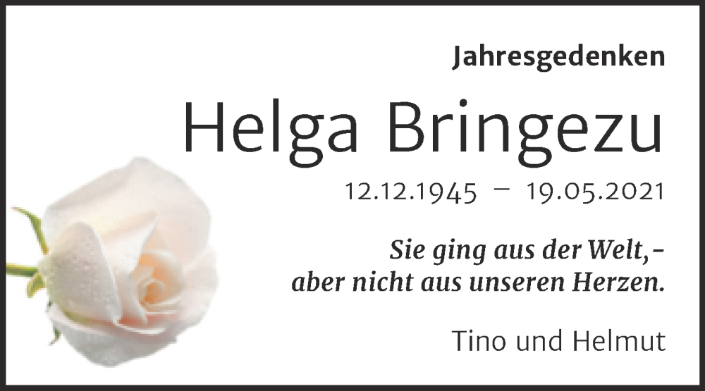  Traueranzeige für Helga Bringezu vom 19.05.2022 aus Mitteldeutsche Zeitung Halle/Saalkreis