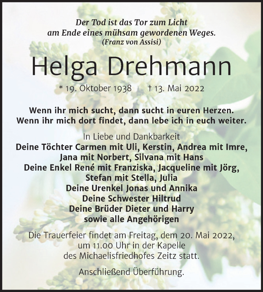  Traueranzeige für Helga Drehmann vom 21.05.2022 aus Trauerkombi Zeitz