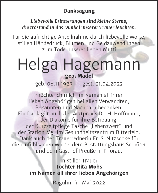 Traueranzeige von Helga Hagemann von Trauerkombi Bitterfeld