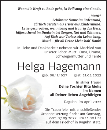 Traueranzeige von Helga Hagemann von Trauerkombi Bitterfeld