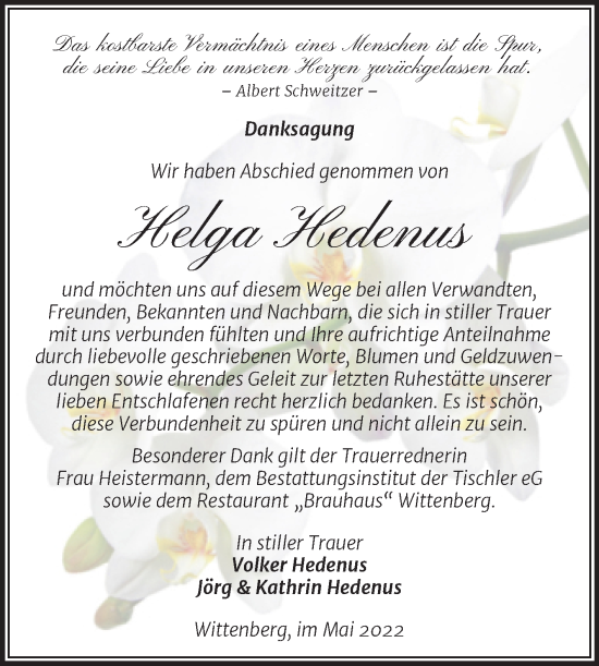 Traueranzeige von Helga Hedenus von Trauerkombi Wittenberg